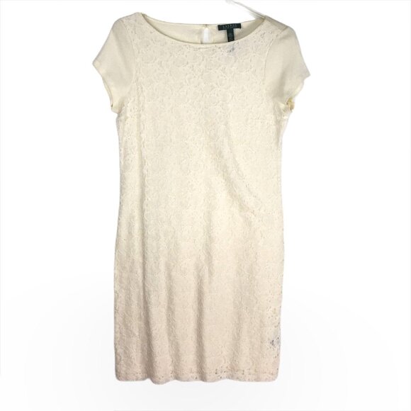 Lauren Ralph Lauren L Lace Overlay Dress Off White Short Sleeve Round Neck Lined - Picture 1 of 11